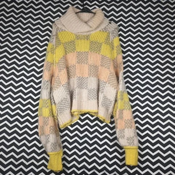 Free People Checkered Chunky Knit Turtleneck Sweater Yellow Peach Cream Medium - Picture 3 of 5